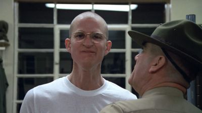 Still from Full Metal Jacket (1987) that has been tagged with: over-the-shoulder & fluorescent light