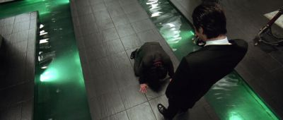 Still from Oldboy (2003) that has been tagged with: over-the-shoulder & kneeling