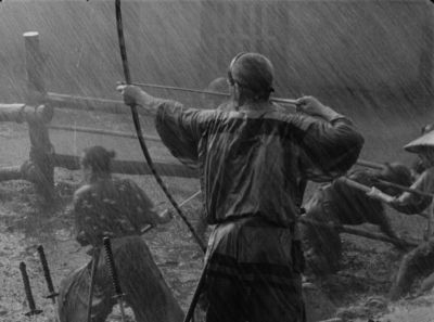 Still from Seven Samurai (1954) that has been tagged with: rain & medium wide