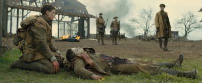 Still from 1917 (2019) that has been tagged with: wide shot & fire & historical & period & war zone