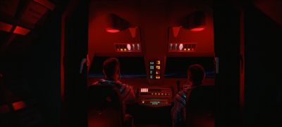 Still from 2001: A Space Odyssey (1968) that has been tagged with: 470607 & over-the-shoulder & interior & medium wide