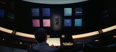 Still from 2001: A Space Odyssey (1968) that has been tagged with: clean single & night & over-the-shoulder & medium wide
