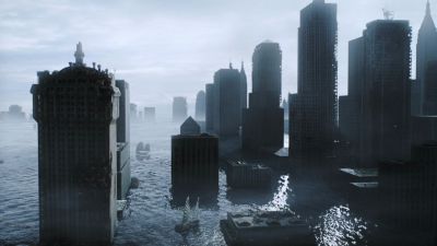 Still from A.I. Artificial Intelligence (2001) that has been tagged with: establishing shot & day & water & dystopian & flood