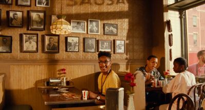 Still from Do the Right Thing (1989) that has been tagged with: pizza & table & wide shot