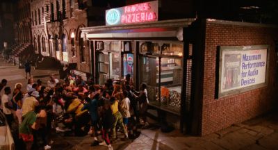Still from Do the Right Thing (1989) that has been tagged with: pizza & high-angle