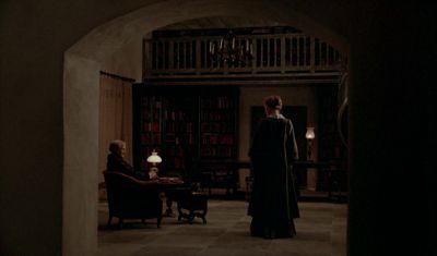 Still from Fanny and Alexander (1982) that has been tagged with: 9f816f & over-the-shoulder & wide shot & night