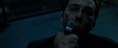 Still from Fight Club (1999) that has been tagged with: 6e8081 & gun & close-up & high-angle