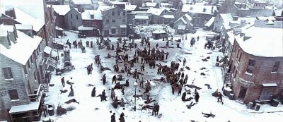 Still from Gangs of New York (2002) that has been tagged with: high-angle & period & day & melee & extreme wide & crowd