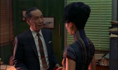 Still from In the Mood For Love (2000) that has been tagged with: night & office & interior & over-the-shoulder