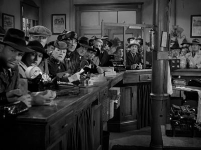 Still from It's A Wonderful Life (1946) that has been tagged with: wide shot & day & interior & black and white & bank
