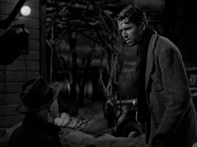 Still from It's A Wonderful Life (1946) that has been tagged with: black and white & two-shot & exterior