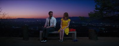 Still from La La Land (2016) that has been tagged with: wide shot & night & exterior & two-shot