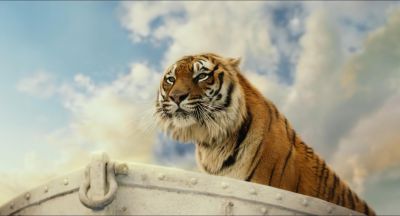Still from Life of Pi (2012) that has been tagged with: c19b6c & boat & low-angle & clouds