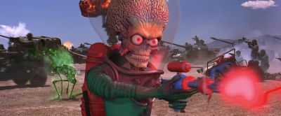Still from Mars Attacks! (1996) that has been tagged with: 6e1c1c & exterior & aliens & tank & day