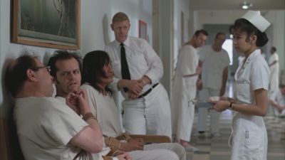 Still from One Flew Over the Cuckoo's Nest (1975) that has been tagged with: wide shot & day & group-shot & interior & asylum
