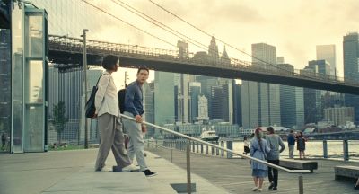 Still from Past Lives (2023) that has been tagged with: new york & wide shot