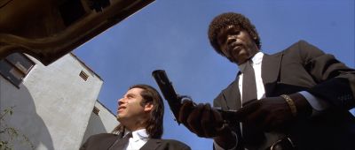 Still from Pulp Fiction (1994) that has been tagged with: a67a59 & low-angle & day & car trunk