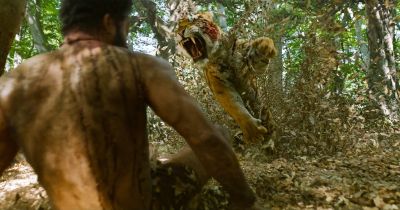 Still from RRR (2022) that has been tagged with: tiger & fight
