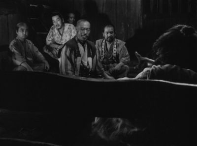 Still from Seven Samurai (1954) that has been tagged with: night & interior & wide shot