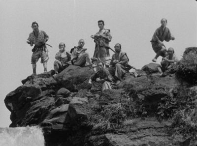 Still from Seven Samurai (1954) that has been tagged with: rocks & wide shot & day