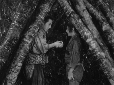 Still from Seven Samurai (1954) that has been tagged with: bfbfbf & two-shot & medium wide & black and white & day