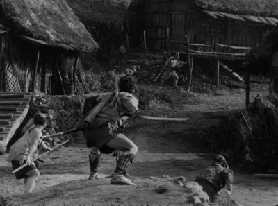 Still from Seven Samurai (1954) that has been tagged with: 8b8488 & black and white & wide shot