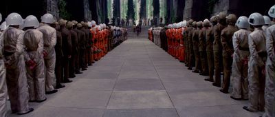 Still from Star Wars: A New Hope (1977) that has been tagged with: extreme wide & group-shot & army & ceremony & exterior