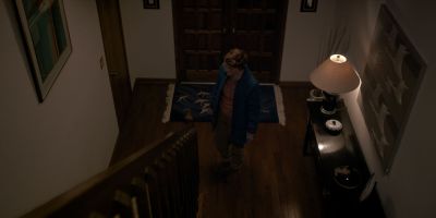 Still from TV Show: Netflix — "Stranger Things: Season 1 - Episode 2" that has been tagged with: wide shot & foyer & high-angle & clean single