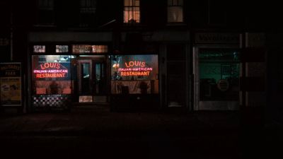 Still from The Godfather (1972) that has been tagged with: restaurant & exterior & night