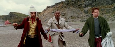 Still from The Hitchhiker's Guide to the Galaxy (2005) that has been tagged with: wide shot & exterior & day & three-shot