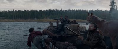 Still from The Revenant (2015) that has been tagged with: bfbfbf & boat & horse & river & mule