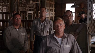 Still from The Shawshank Redemption (1994) that has been tagged with: day & group-shot & woodshop
